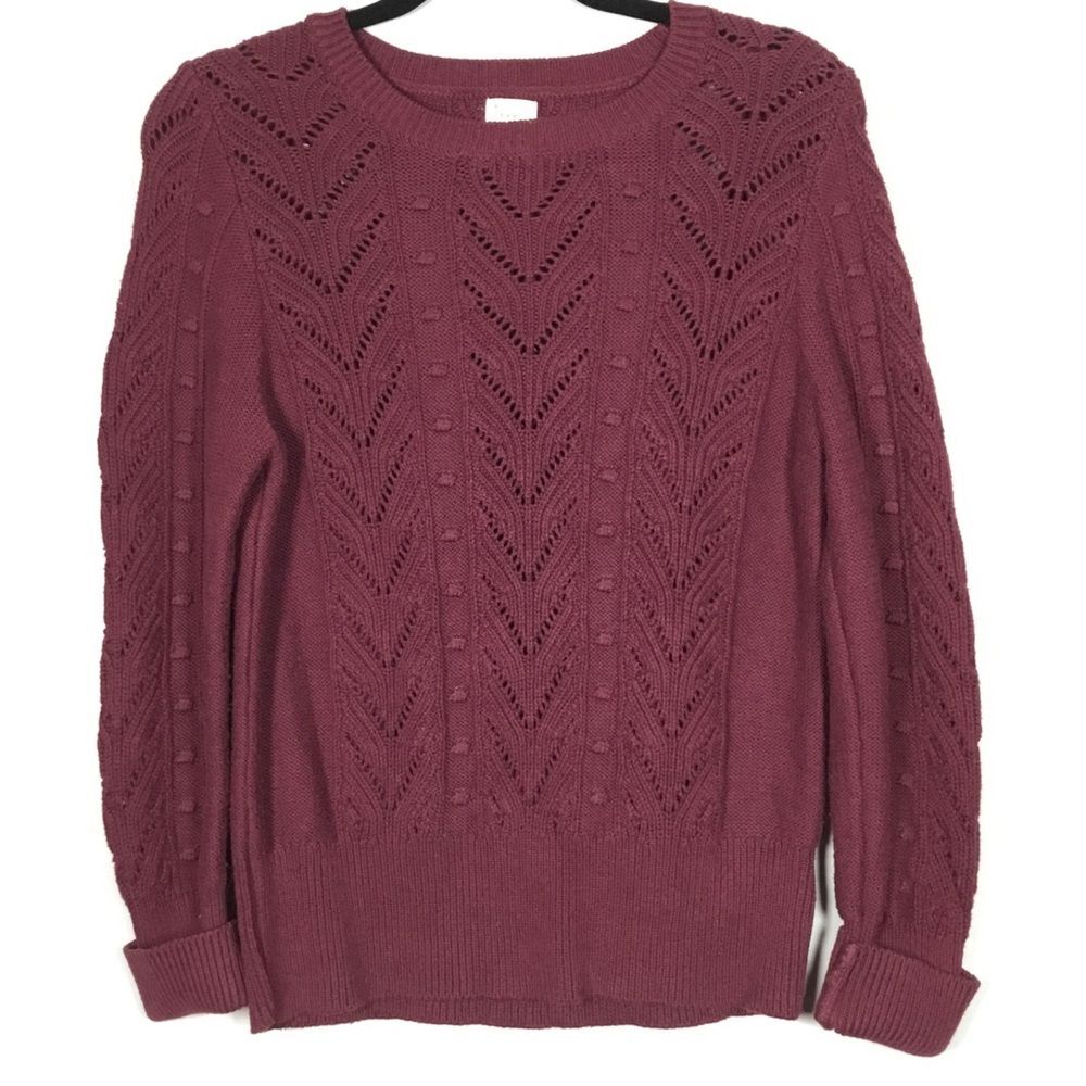 Burgundy round neck knitted sweater vertical patterns size Medium rolled cuffs